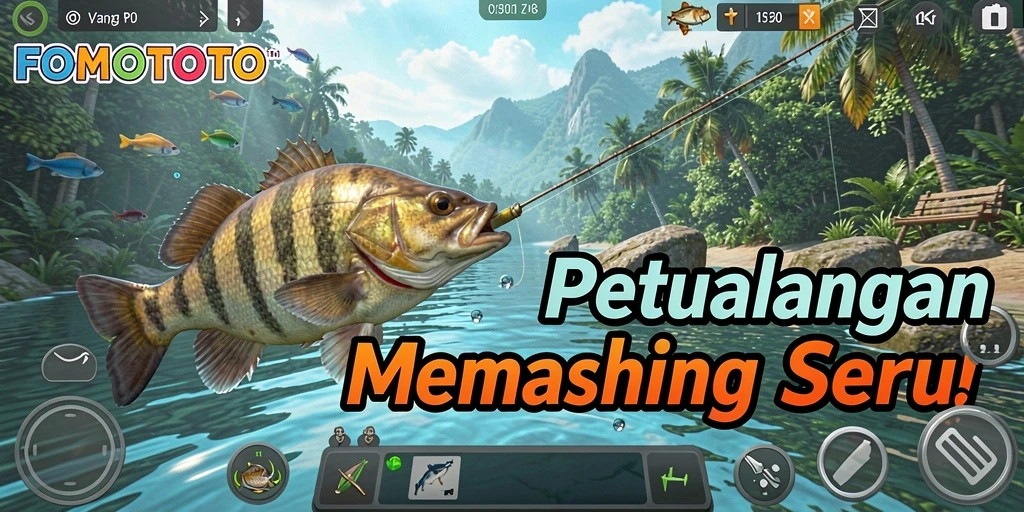 Screenshot FOMOTOTO menampilkan gameplay memancing yang menyenangkan.