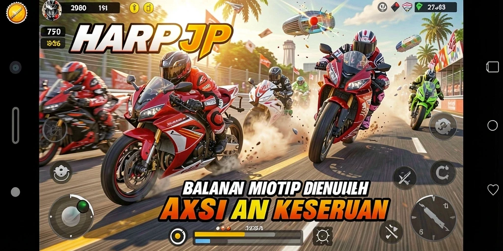 Screenshot gameplay HARAPJP menampilkan balapan motor yang mendebarkan.
