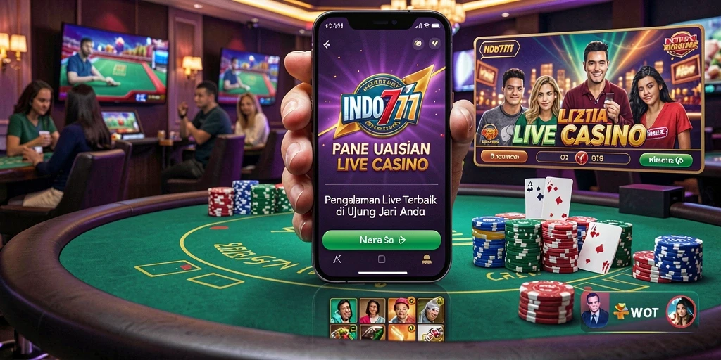 Screenshot utama INDO777 menampilkan dealer yang profesional dalam permainan Live Casino.