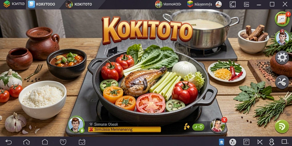 Screenshot menunjukkan gameplay KOKITOTO dengan karakter yang sedang memasak.