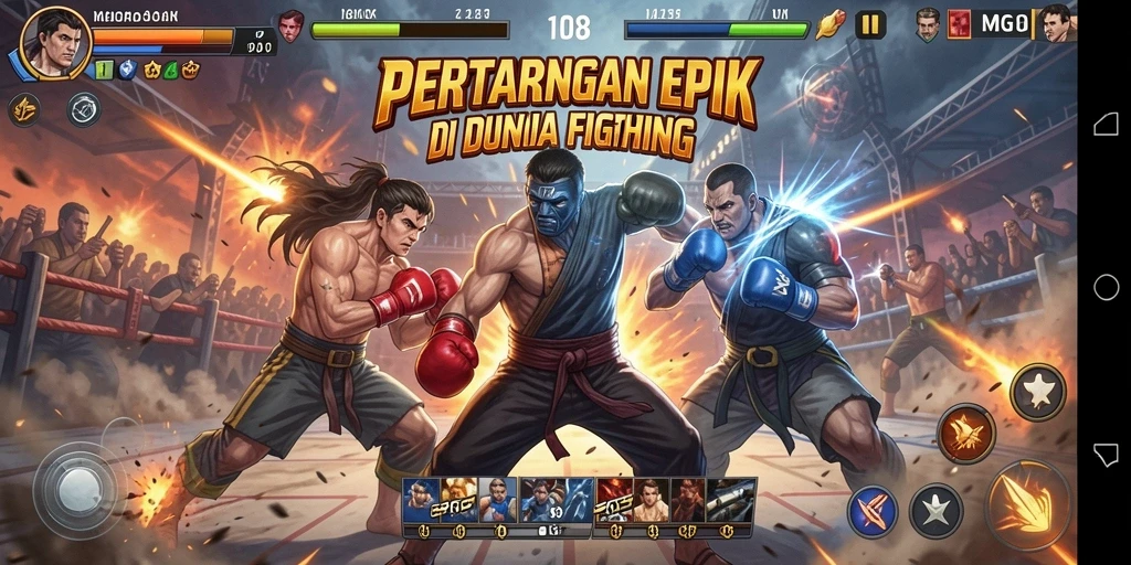 Tangkapan layar MG108 menampilkan aksi pertarungan yang dinamis dan seru.