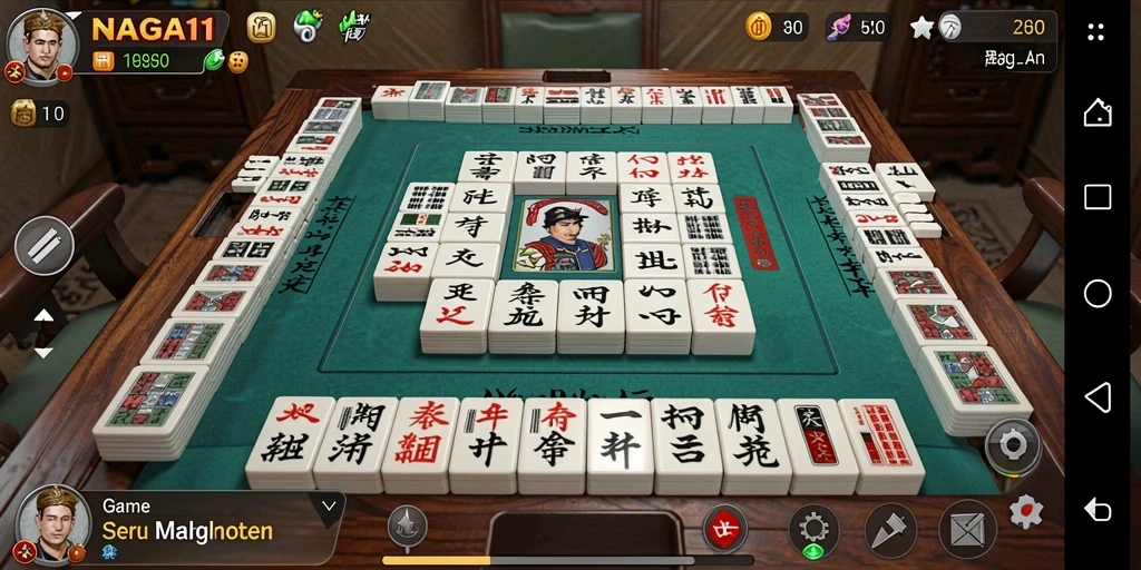 Tampilan gameplay menarik dari NAGA11 dengan ubin Mahjong berwarna-warni.
