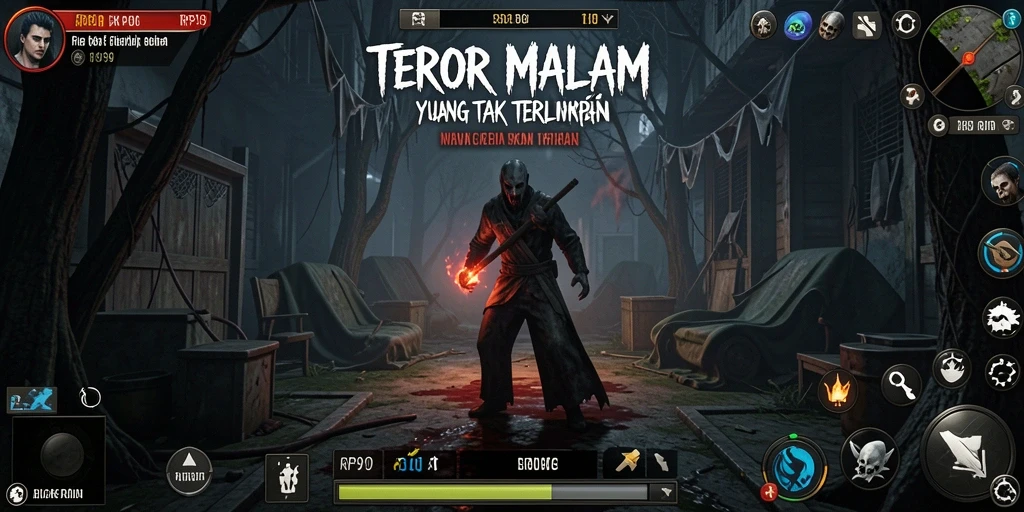 Screenshot utama RP99 menampilkan adegan menakutkan di dungeon gelap.
