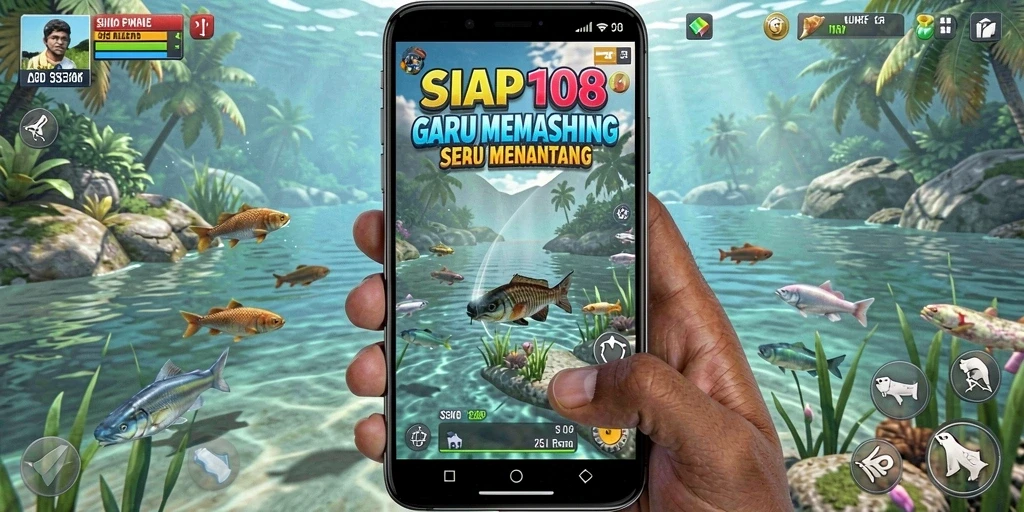 Screenshot gameplay SIAP108 menampilkan keseruan memancing di lokasi indah.