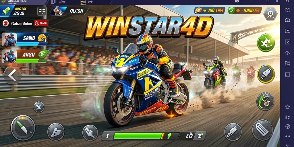 Gameplay WINSTAR4D menampilkan aksi balap motor yang mendebarkan.
